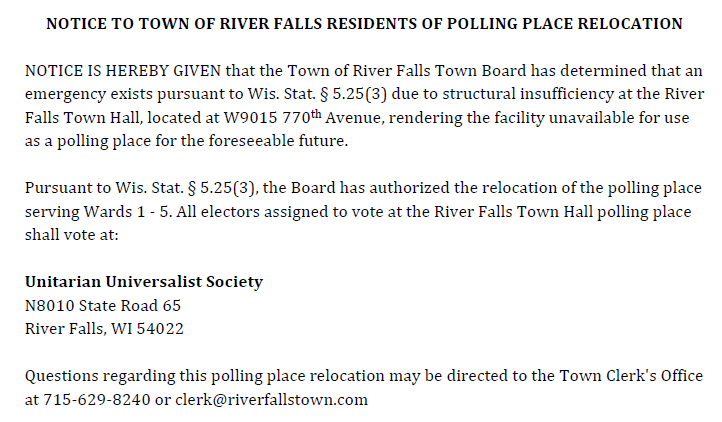 Notice: Change in Polling Location